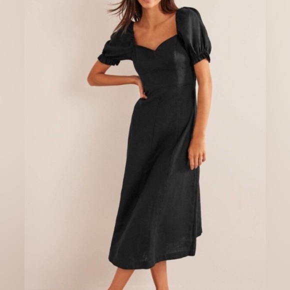 Boden Dresses & Skirts - BODEN 100% Linen sweetheart neckline Midi Dress Size 12 Black Puff Sleeve